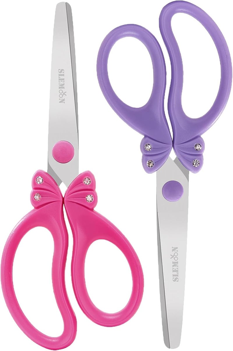SLEMOON Scissors for Kids Ages 4-8 | Blunt Tip Safety Toddler Scissors, Stainless Steel Blades, ABS Plastic | School Craft Supplies, Art Projects, Pink (Princess Design with Rhinestones) - Image 1